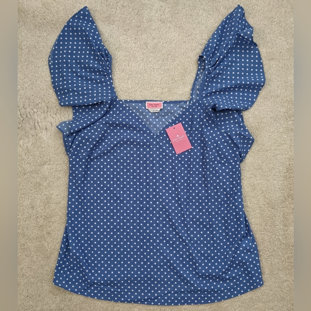 NWT Kate Spade blue white polka dot sleeveless blouse